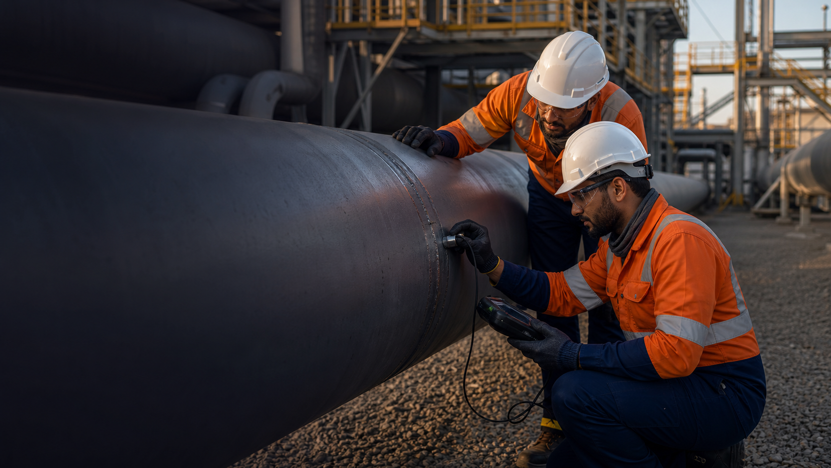 Technicians performing ultrasonic pipeline weld inspection